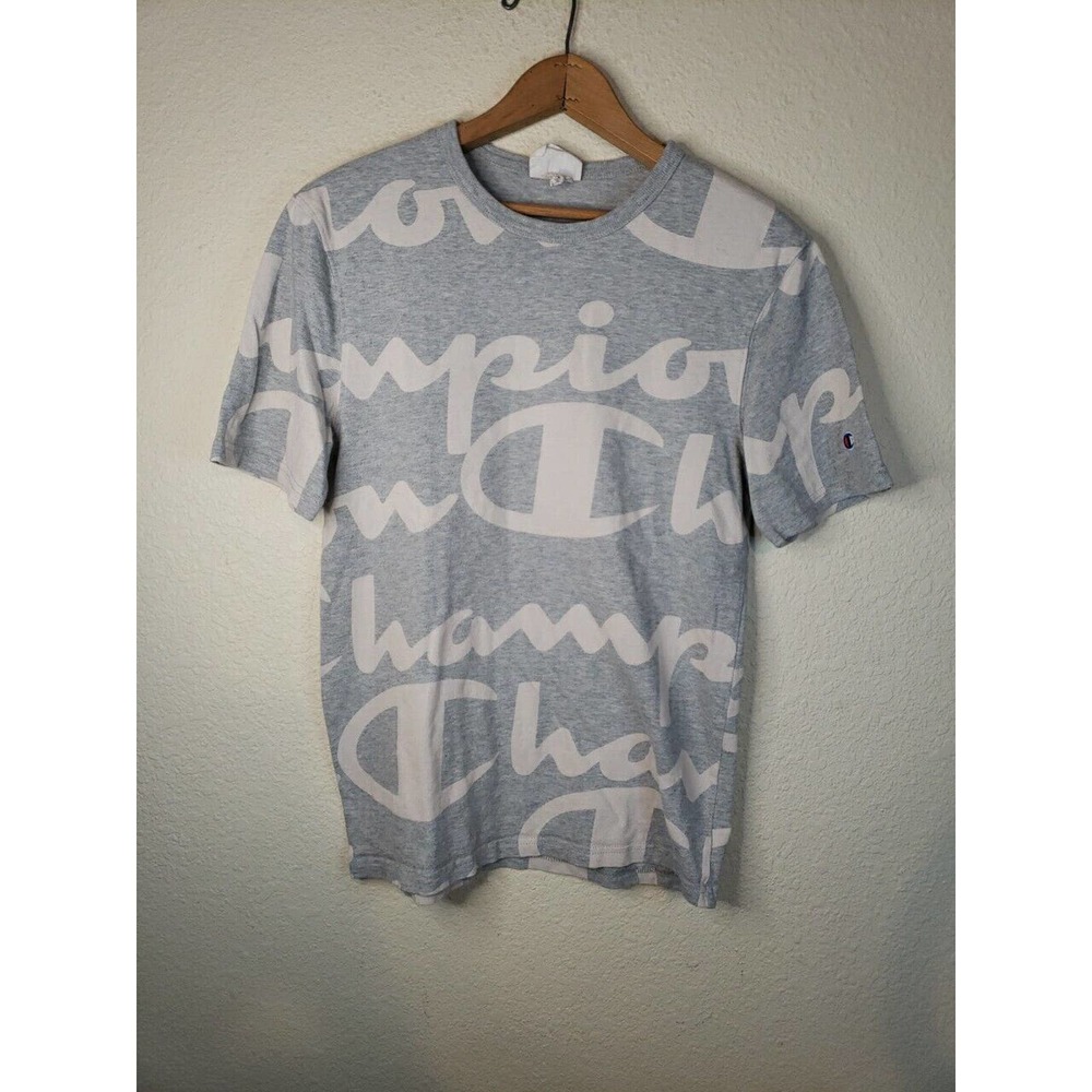 Champion Men's SMALL White Grey Heritage Allover Print Script T-Shirt